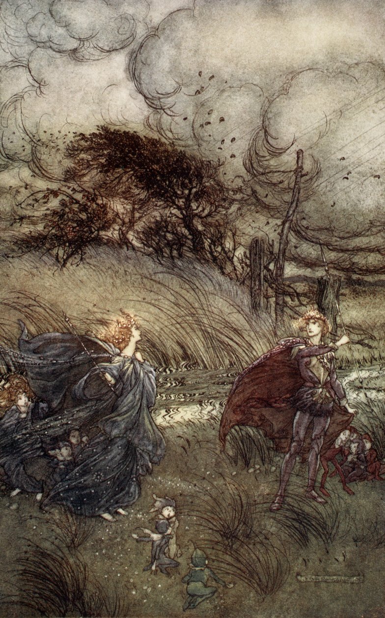 Och nu möts de aldrig i lund eller grönt, Vid fontänen klar eller sprängd stjärnglans. Men de gör fyrkantiga, illustration från "Midsummer Nights Dream" av William Shakespeare av Arthur (after) Rackham