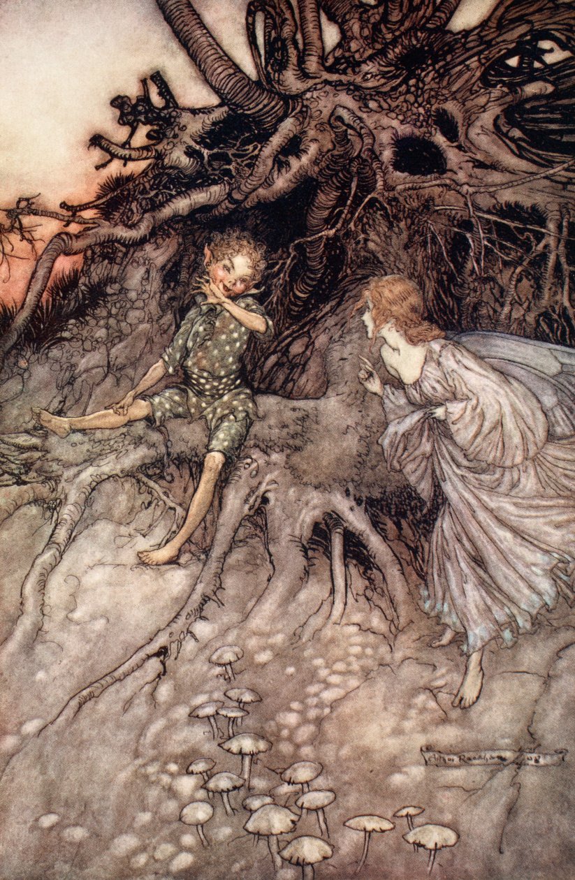 Jag är nattens glada vandrare, illustration från "Midsummer Nights Dream" av William Shakespeare av Arthur (after) Rackham