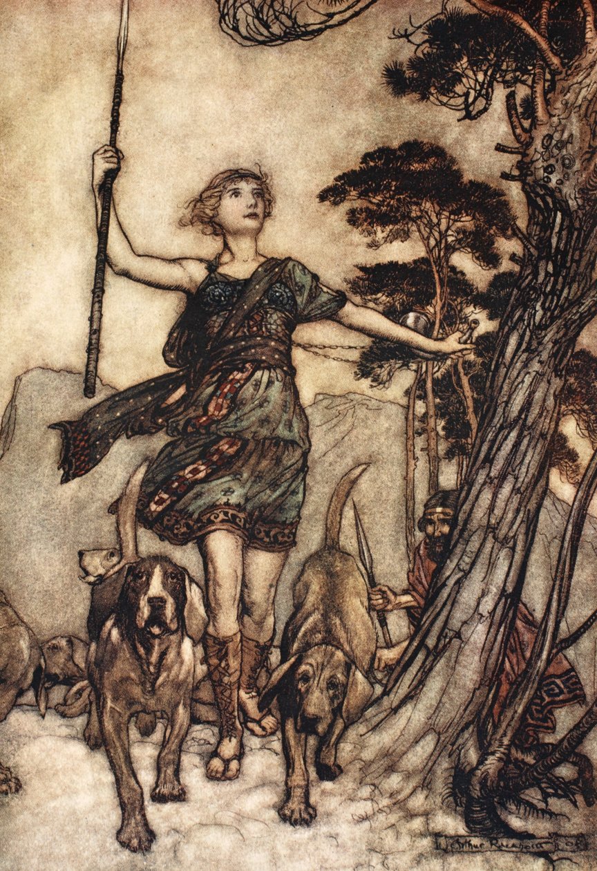Vi kommer, sköna drottning, upp till bergets topp, Och markerar den musikaliska förvirringen av hundar och eko i samverkan, illustration från 