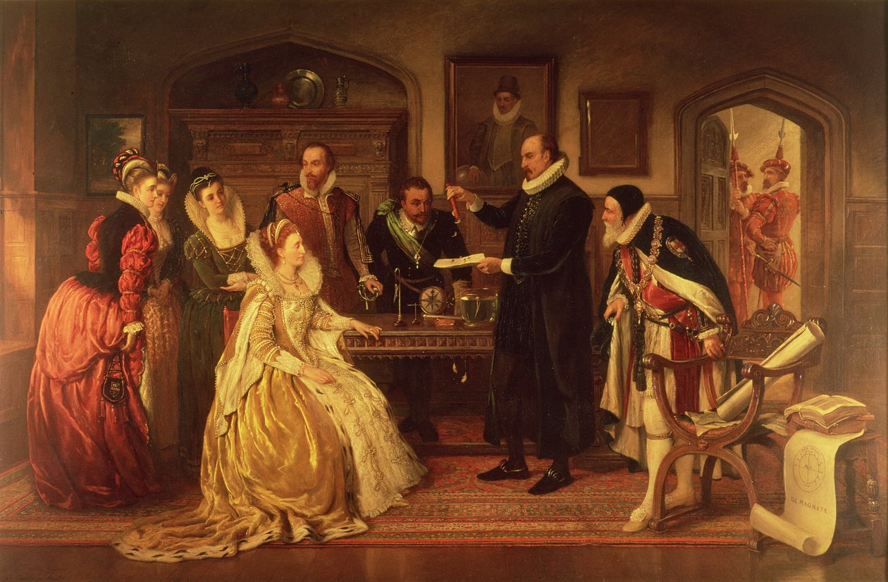Dr. William Gilbert (1544-1603) viser sit eksperiment med elektricitet til dronning Elizabeth I og hendes hof, 1800-tallet (se detaljer 99460) sverige av Arthur Ackland Hunt