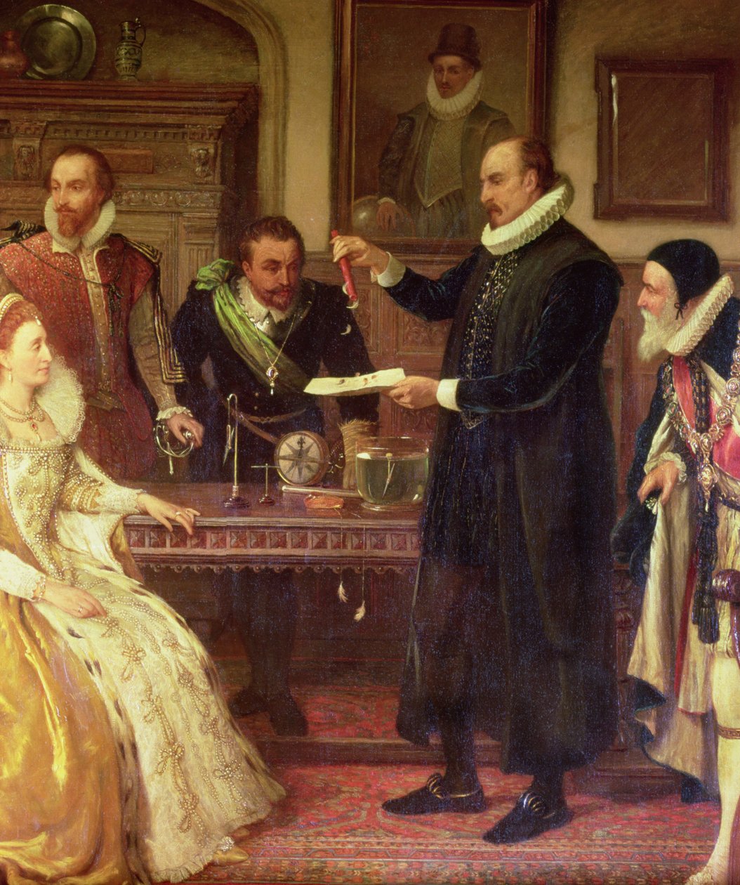 Dr William Gilbert 1544-1603 visar sitt experiment om elektricitet för drottning Elizabeth I och hennes hov, detalj av Gilberd, 1800-talsolja på duk av Arthur Ackland Hunt