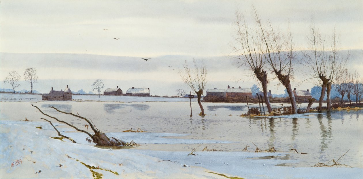 Vinterlandskap med översvämmad flod, 1889 (wc) av Arthur Anderson Fraser