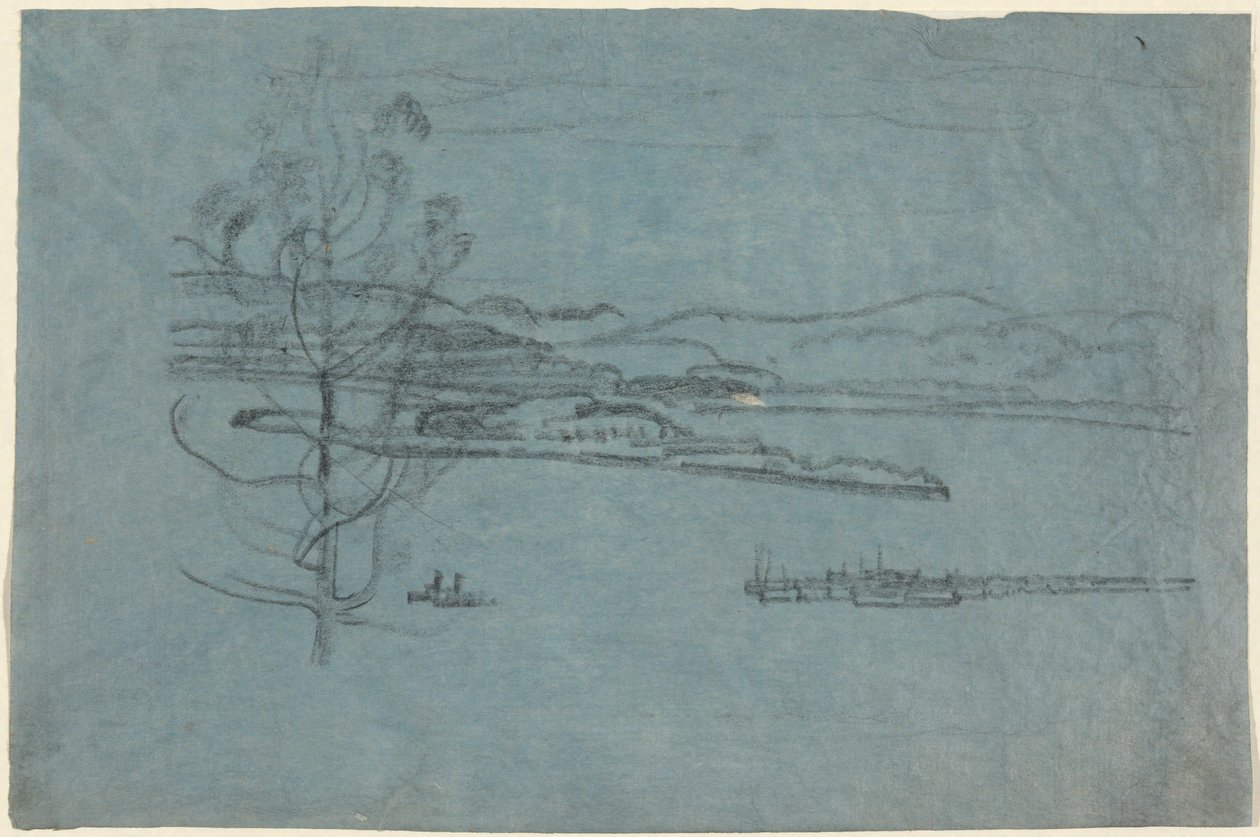 Landskap med brygga och två båtar av Arthur B. Davies