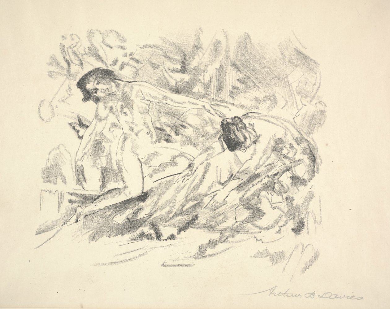 Två kvinnliga figurer i ett landskap (penna på papper) av Arthur Bowen Davies
