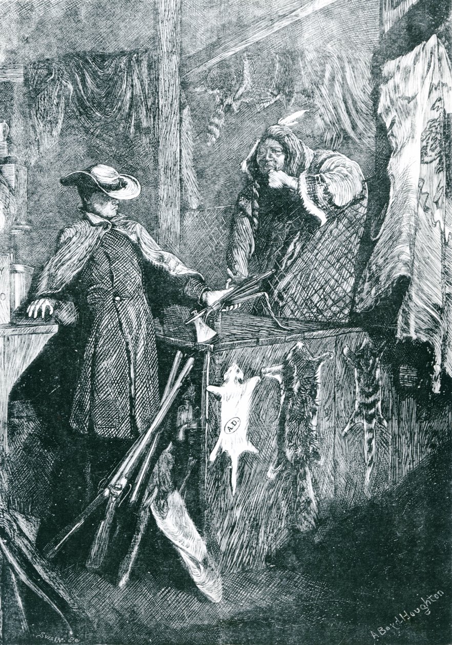 Byteshandel med indianerna i Amerikas västra stater, graverad av Joseph Swain (1820-1909) 1871 av Arthur Boyd Houghton