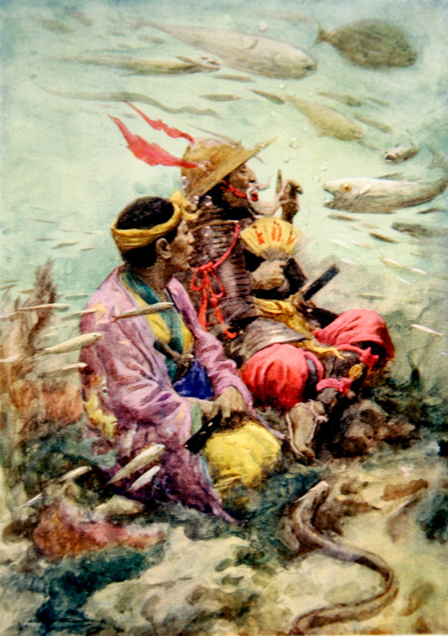 A Legend of Old Japan (färg litho) av Arthur C. (after) Michael