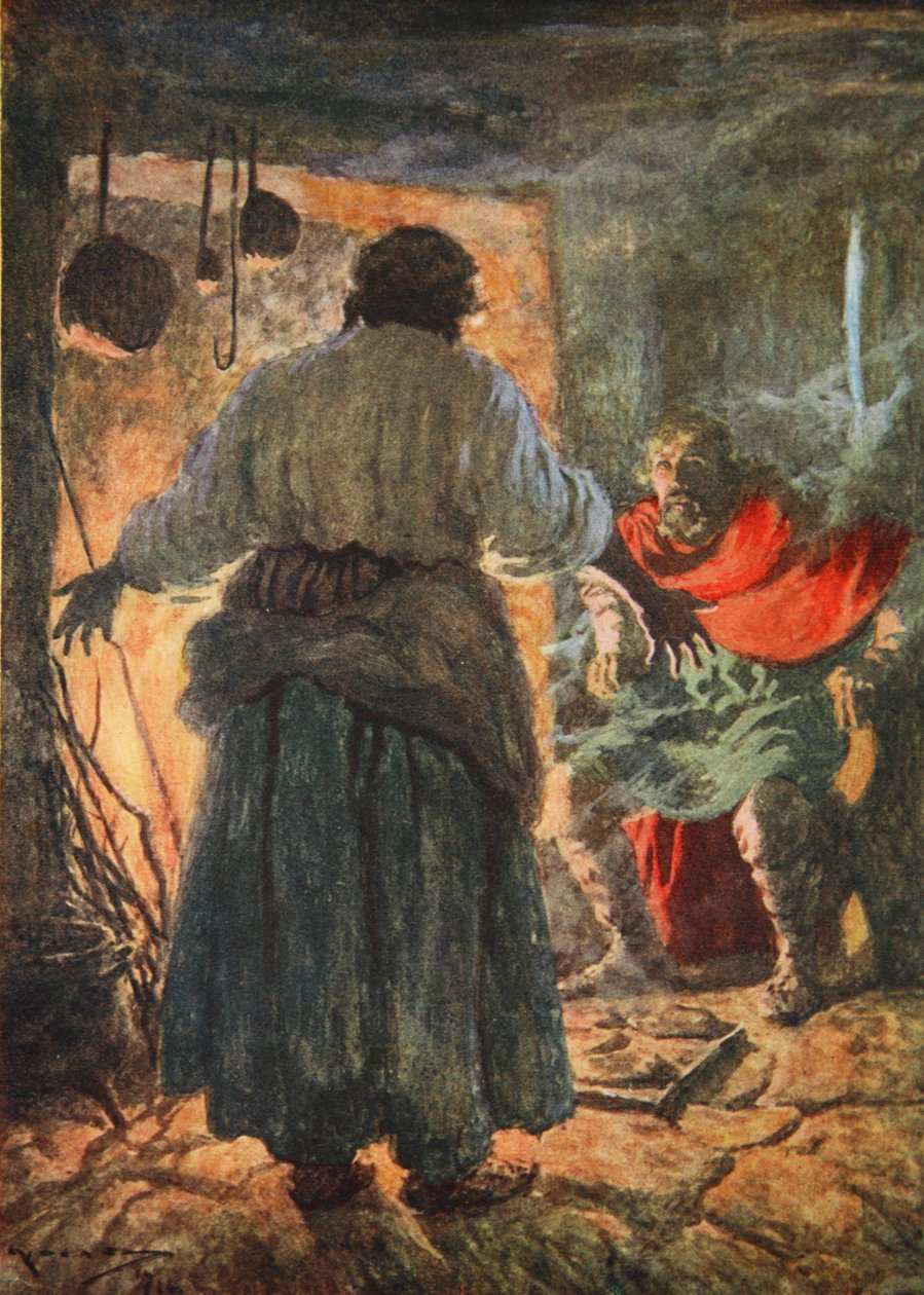 Alfred blir utskälld för att ha bränt kakorna (färg litho) av Arthur C. (after) Michael