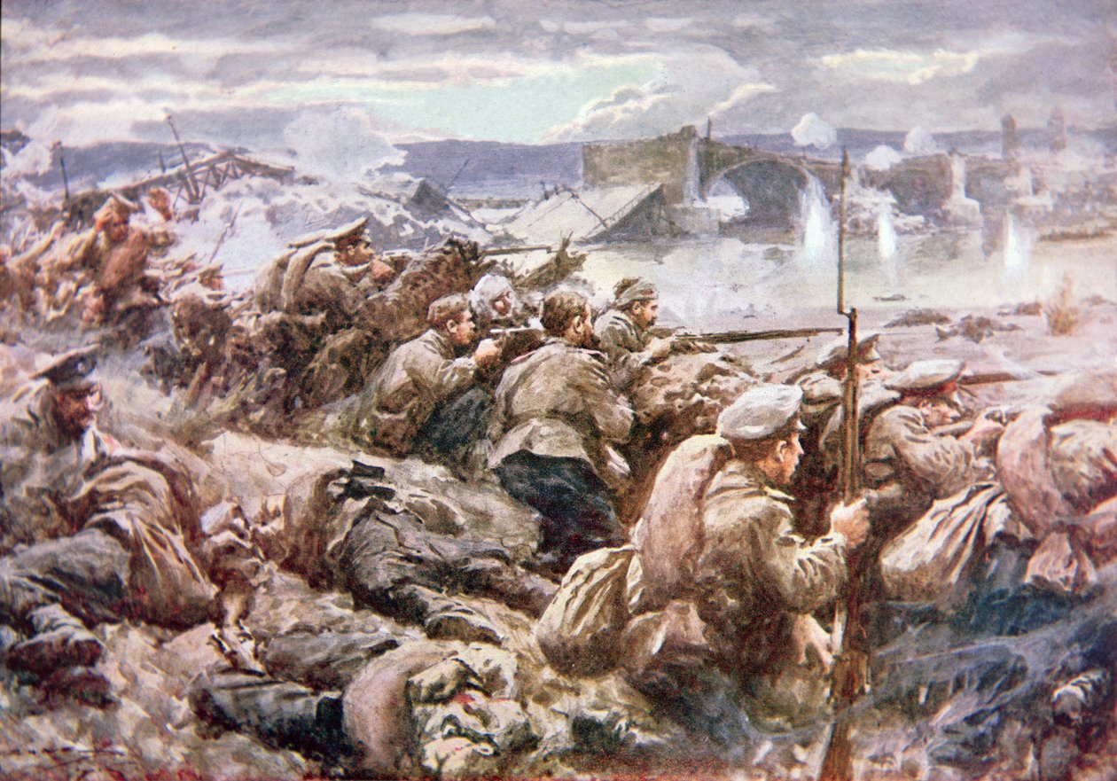 En heroisk rysk backgardeaktion i den stora polska reträtten (färg litho) av Arthur C. (after) Michael