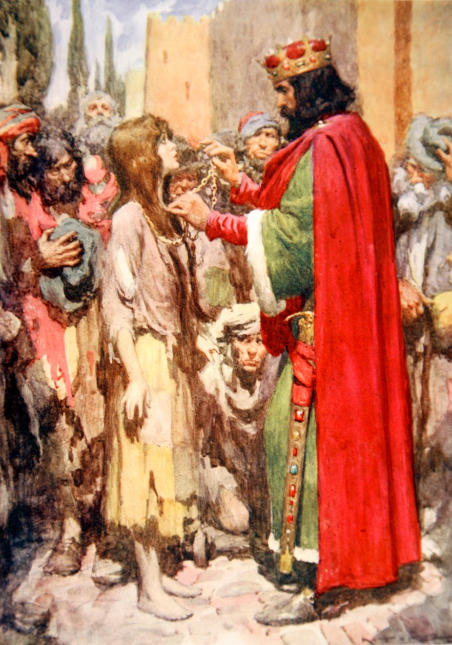 "Ett ögonblick stod de och tittade på varandra - den barfota tiggarflickan i sina trasor och kungen i sin juvelprydda krona", kung Cophetua och tiggarjungfrun (färg litho) av Arthur C. (after) Michael