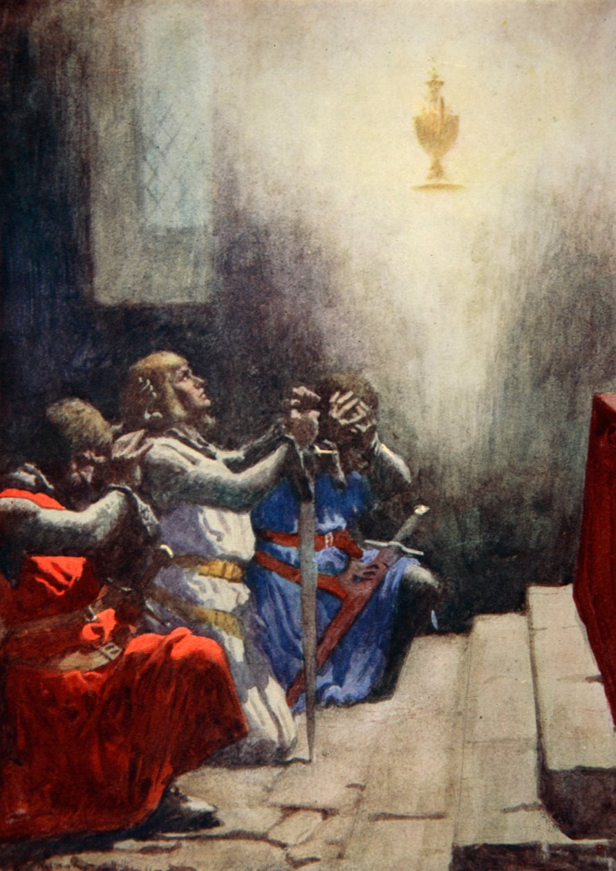 Enbart Galahad kunde se den heliga gralens perfekta skönhet, ca 1925 (färg litho) av Arthur C. (after) Michael