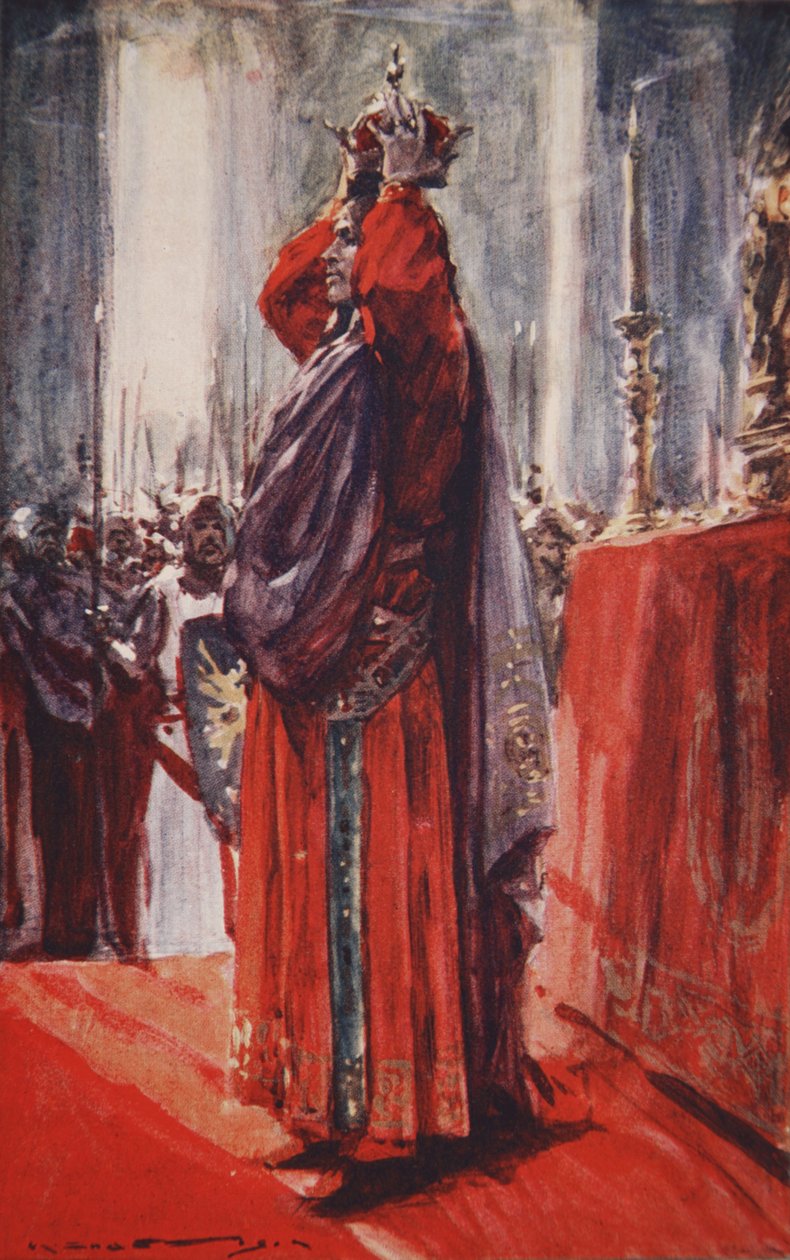 Han nådde altaret där kronan låg: lyfte den och placerade den på sitt huvud, illustration från "A History of Germany" av H.E. Marshall av Arthur C. (after) Michael