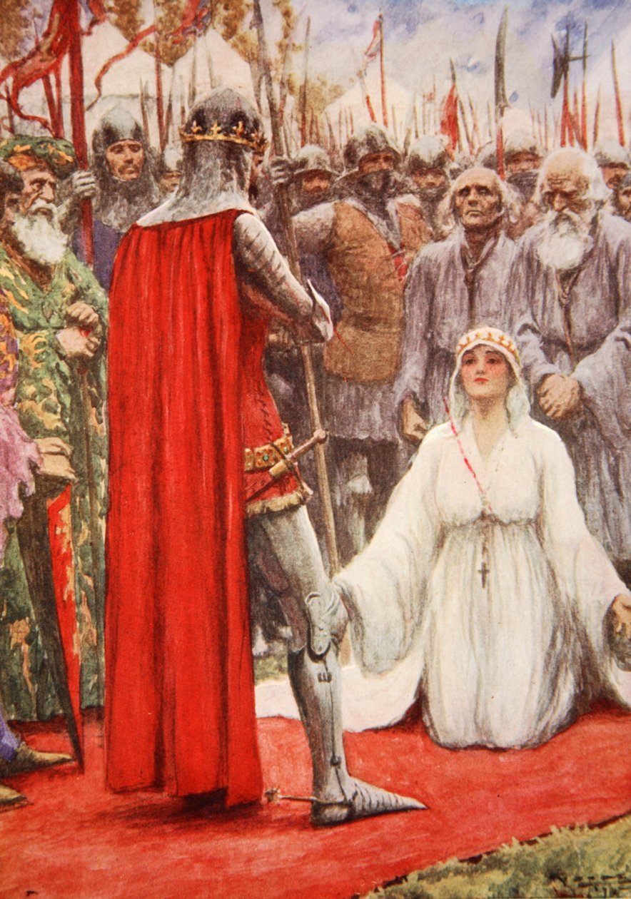 Kung Edward tittade ner i drottning Filippas vädjande ögon (färg litho) av Arthur C. (after) Michael