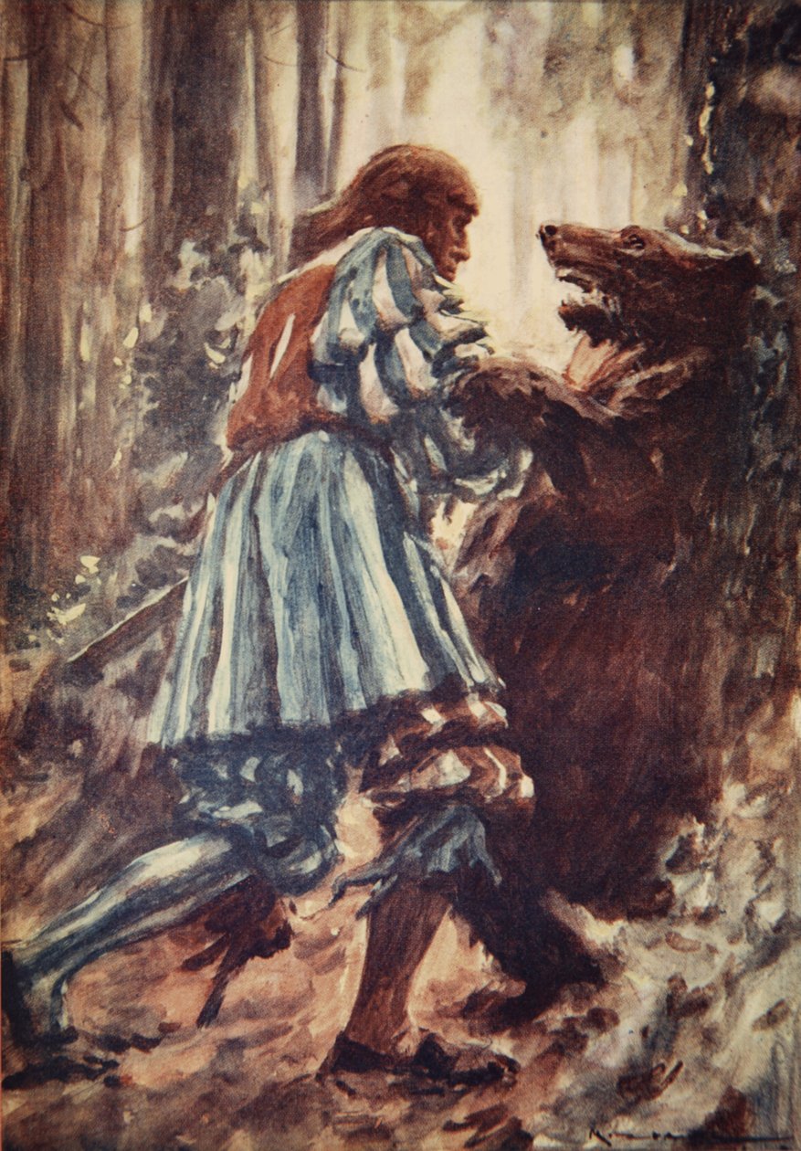 En gång när han blev attackerad av en björn kvävde han henne med sina bara händer, illustration från "A History of Germany" av H.E. Marshall av Arthur C. (after) Michael