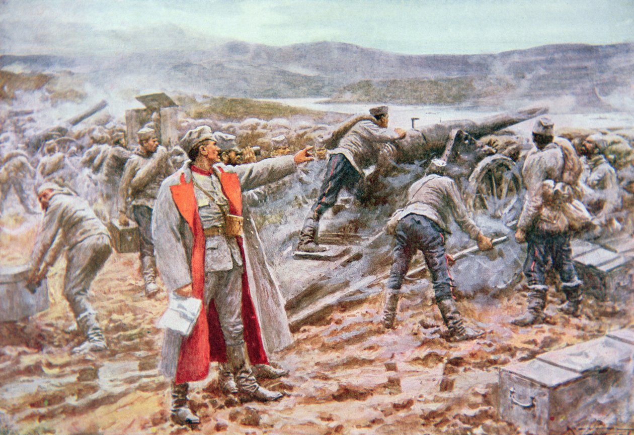 Serbiskt artilleri i aktion mot österrikarna (färg litho) av Arthur C. (after) Michael