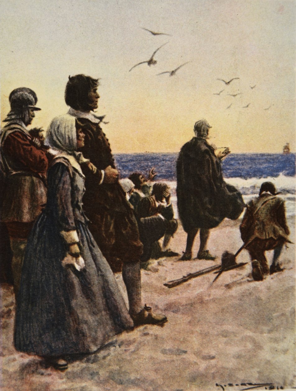 The Departure of the Mayflower, illustration från "This Country of Ours, The Story of the United States" av H.E. Marshall av Arthur C. (after) Michael