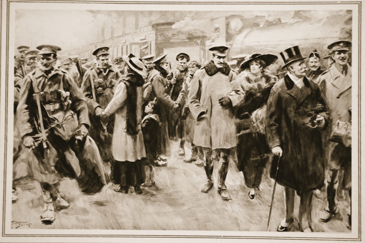 The Weekend away from the Front: Brittiska officerare och män på kort ledighet från skyttegravarna som anländer till Victoria, från "The Illustrated War News" av Arthur C. (after) Michael