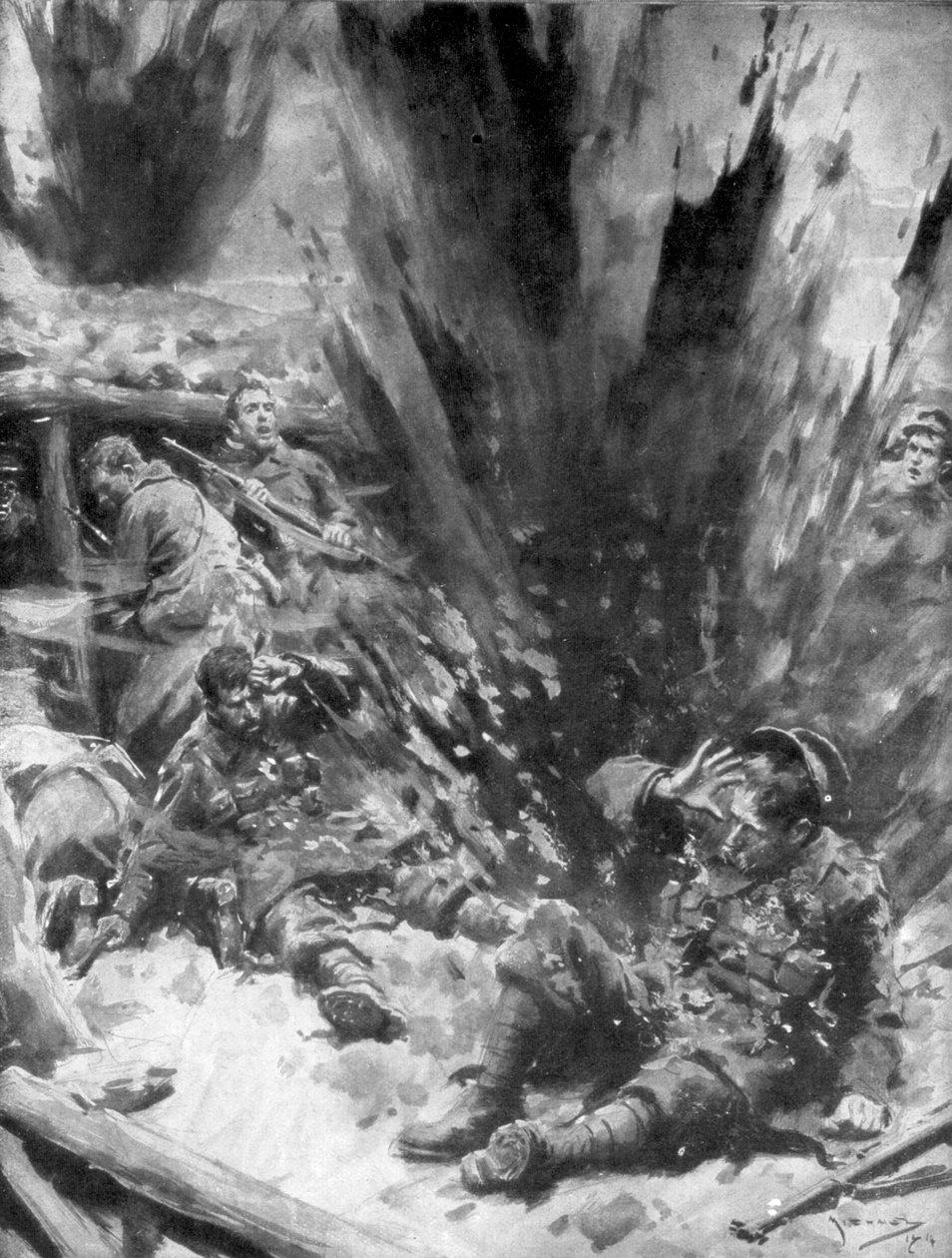Ett tyskt skal exploderar i ett brittiskt skyttegrav, 1914, 1926. av Arthur C. Michael