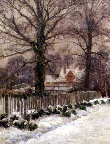 A Snow-Covered Lane, Radlett, Hertfordshire (olja på duk) av Arthur Claude Cooke