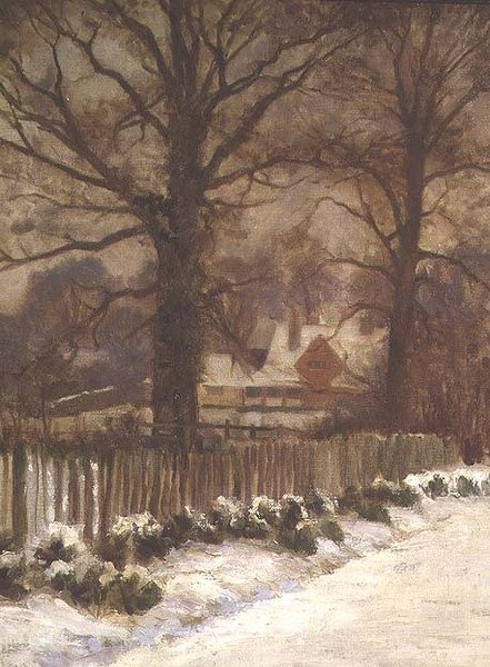 Alms in a Snowy Lane (olja på duk) av Arthur Claude Cooke