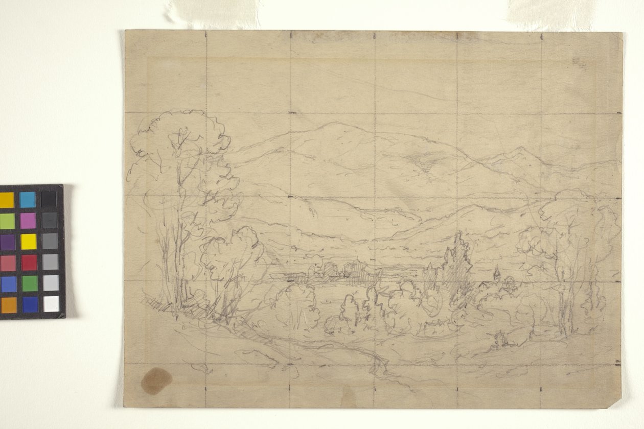 Study For Mountainous Landscape (penna på benvitt papper i kvadrat för överföring) av Arthur Clifton Goodwin