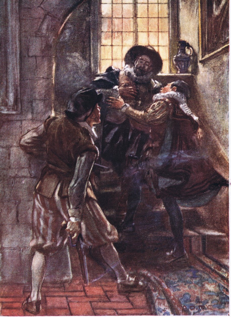 När han föll, ropade prinsen: O min Gud, förbarma dig över min själ, illustration från Romance of History: The Netherlands, 1920-talet av Arthur David McCormick