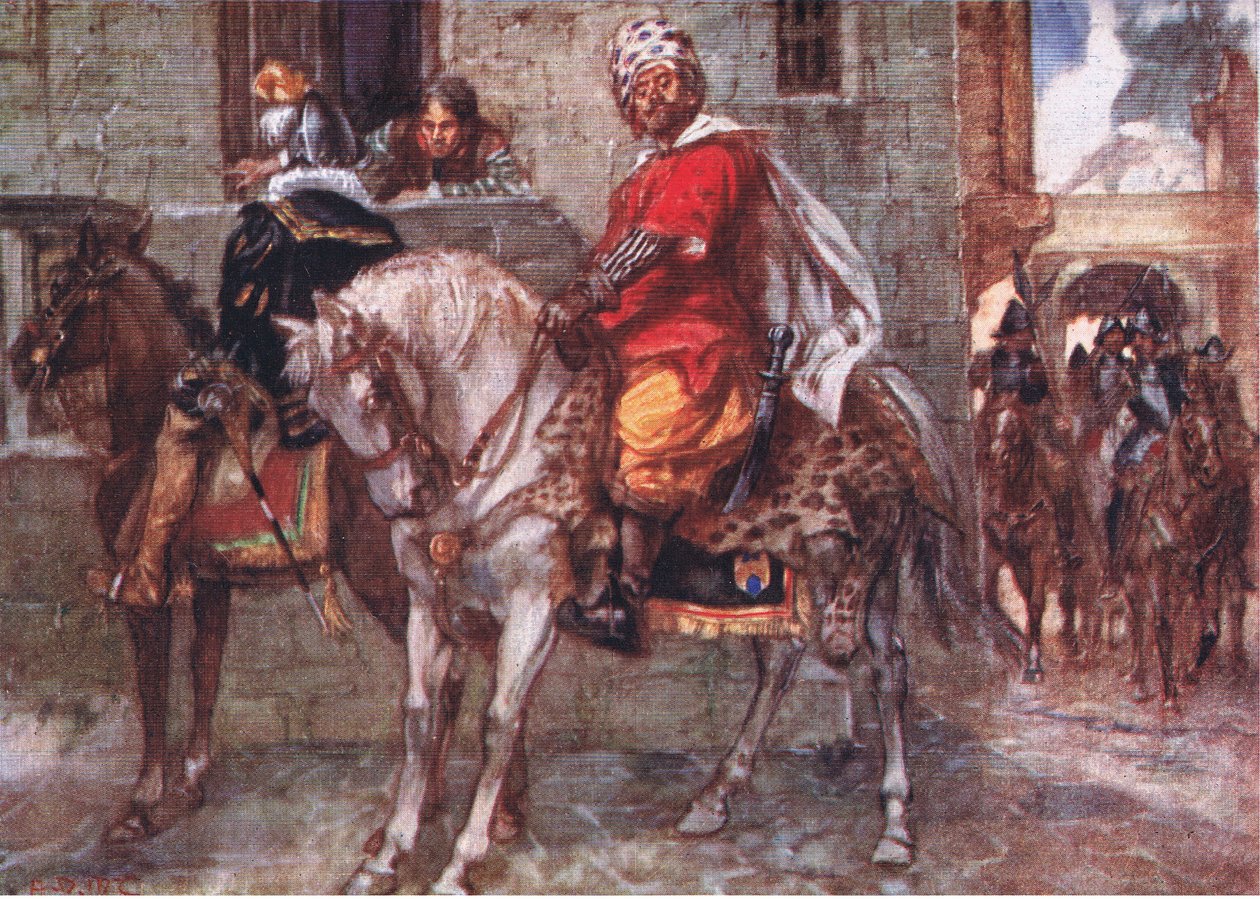 Don John anlände till Luxemburg, och kastade av sig sin förklädnad, stod avslöjad, illustration från Romance of History: The Netherlands, 1920-talet av Arthur David McCormick