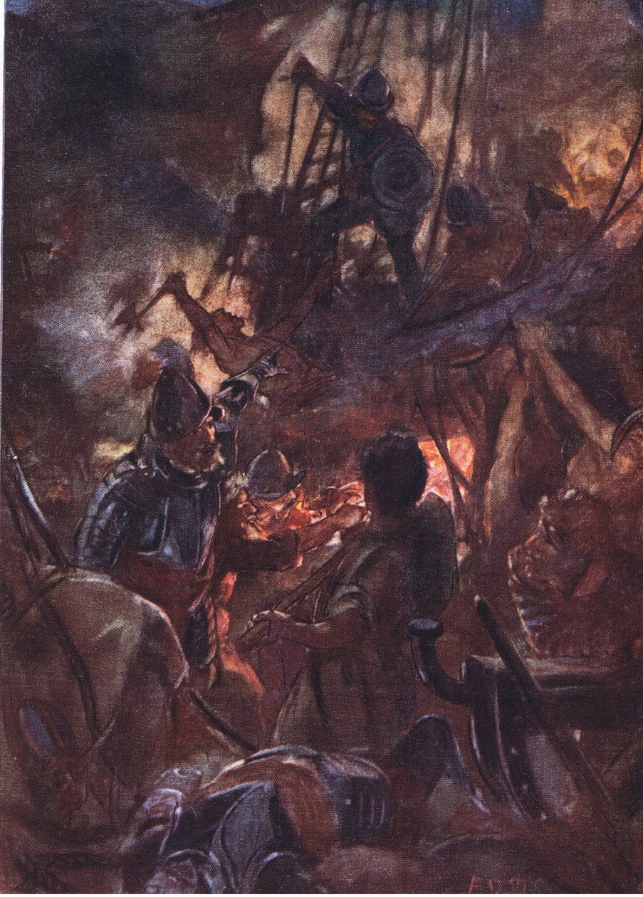 Striden rasade häftigt och lång, illustration från Romance of History: The Netherlands, 1920-talet av Arthur David McCormick