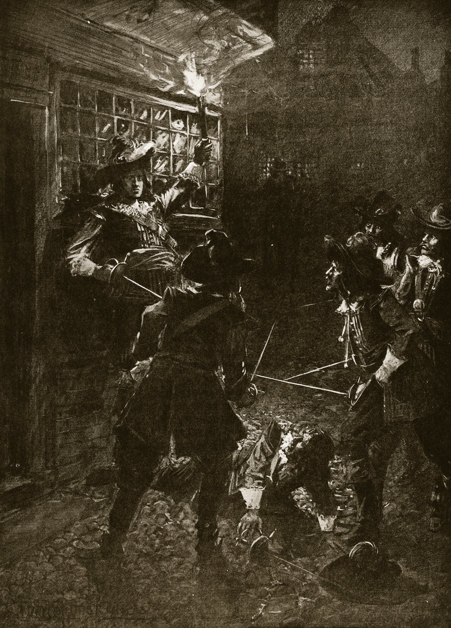 Kung Karl II:s anhängare attackerar Sir John Coventry, 1670, illustration från Hutchinsons "Story of the British Nation", ca 1920. av Arthur David McCormick