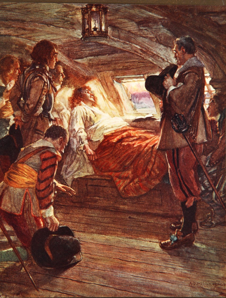 Döden av amiral Blake (1599-1657) illustration från "Drakes trumma och andra sånger av havet" av Henry Newbolt (1862-1938) pub. 1905 (lito i färg) av Arthur David McCormick
