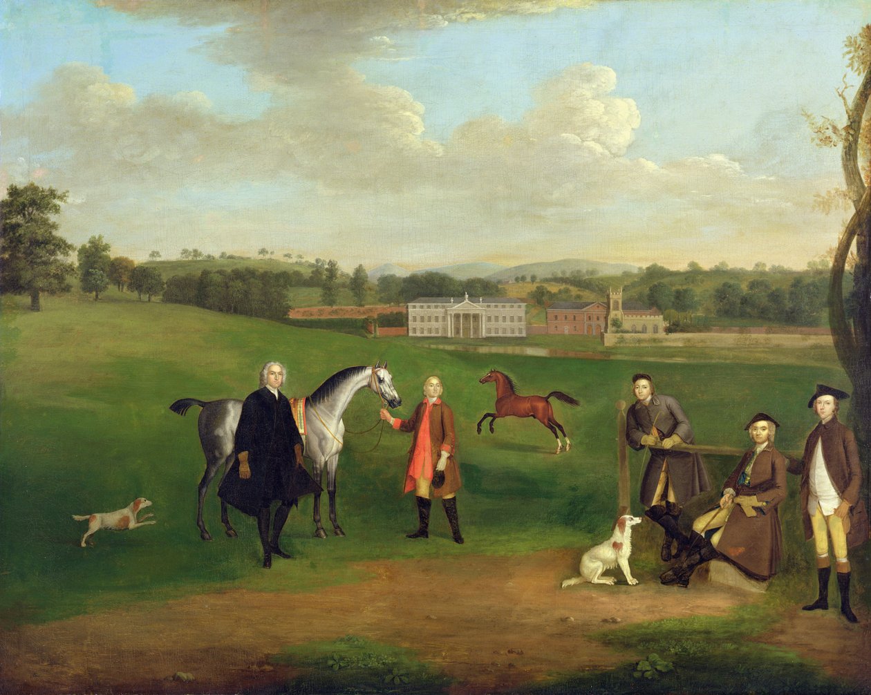 Läcka Okeover, pastor John Allen och kapten Chester vid Okeover Hall, Staffordshire, ca. 1785 av Arthur Devis