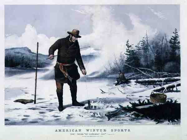 Amerikansk vintersport: Öringfiske på Chateaugay Lake, pub. av Currier & Ives av Arthur Fitzwilliam (after) Tait
