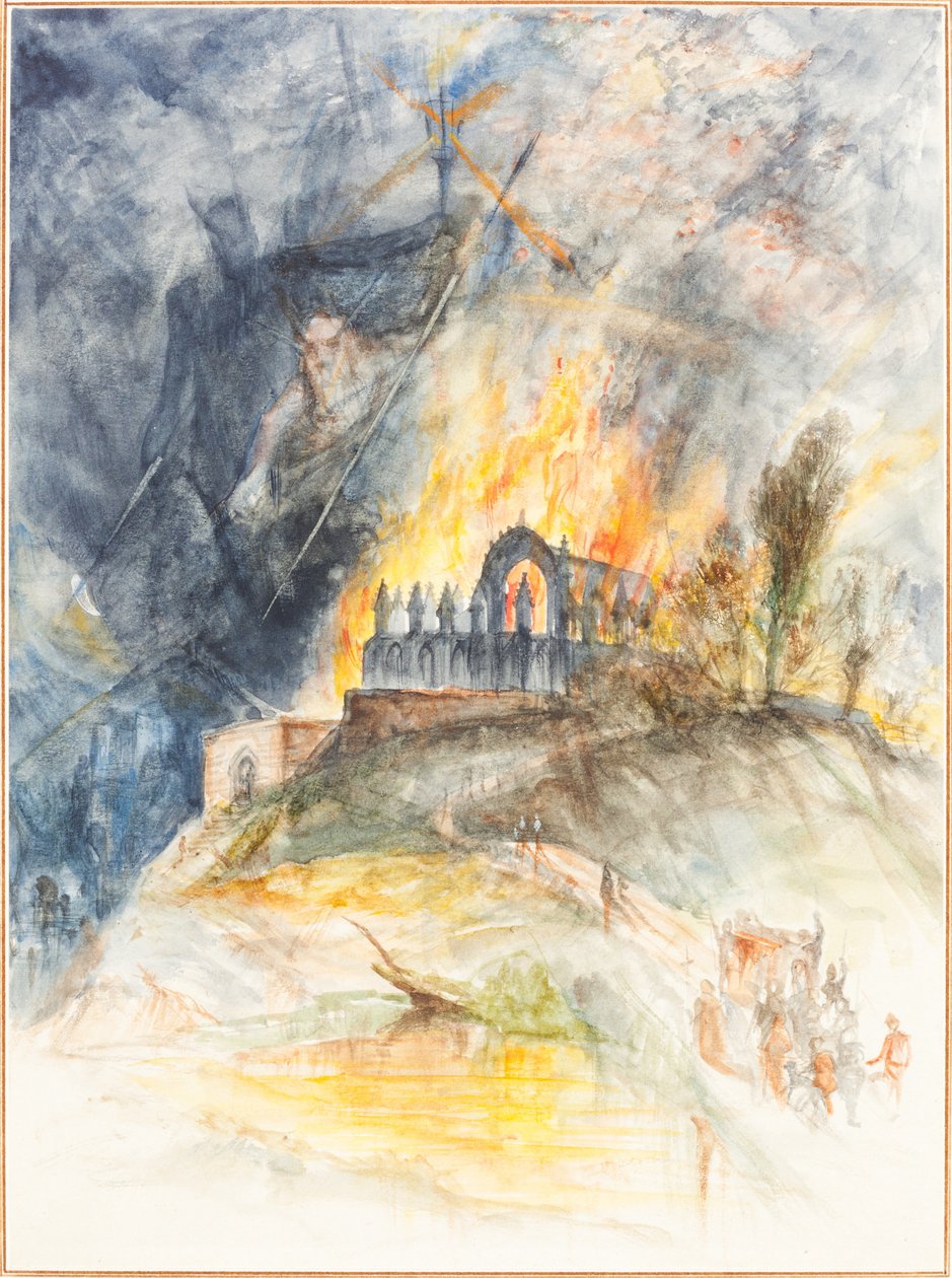 En kyrklig byggnad i lågor med demoner ovanför av Arthur Frederick Payne