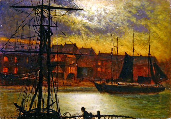 Båtar i Whitby Harbor (olja på duk) av Arthur Grimshaw