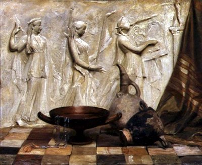 En Skyphos, en Kylix, en vinkanna och ett egyptiskt halsband av en grekisk fris (olja på duk) av Arthur Hacker