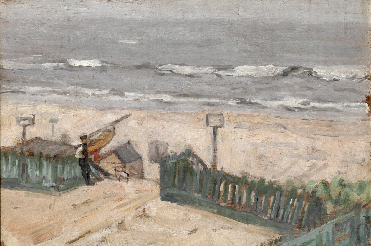 Badstugor med fiskare och hund, ca 1900 av Arthur Haythorne Studd