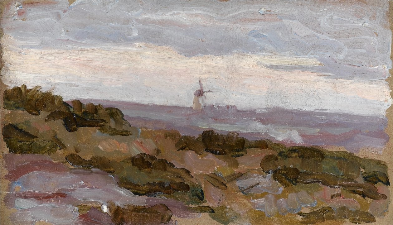 Landskapsstudie med väderkvarn vid horisonten, ca 1900 av Arthur Haythorne Studd