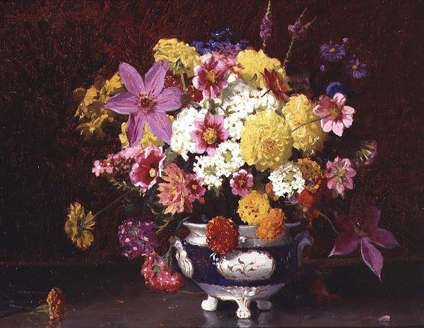 Stilleben med syrener och krysantemum av Arthur Herbert Buckland