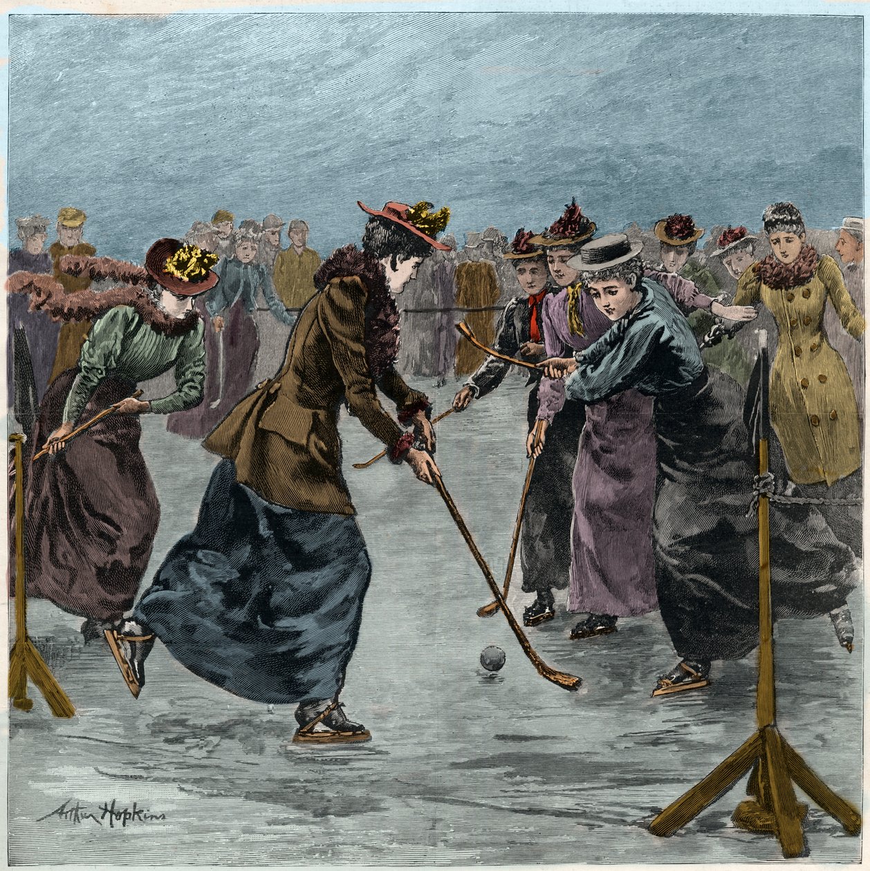 Ishockey: en dammatch på sjön i Wimbledon Park. (senare färgläggning). av Arthur Hopkins