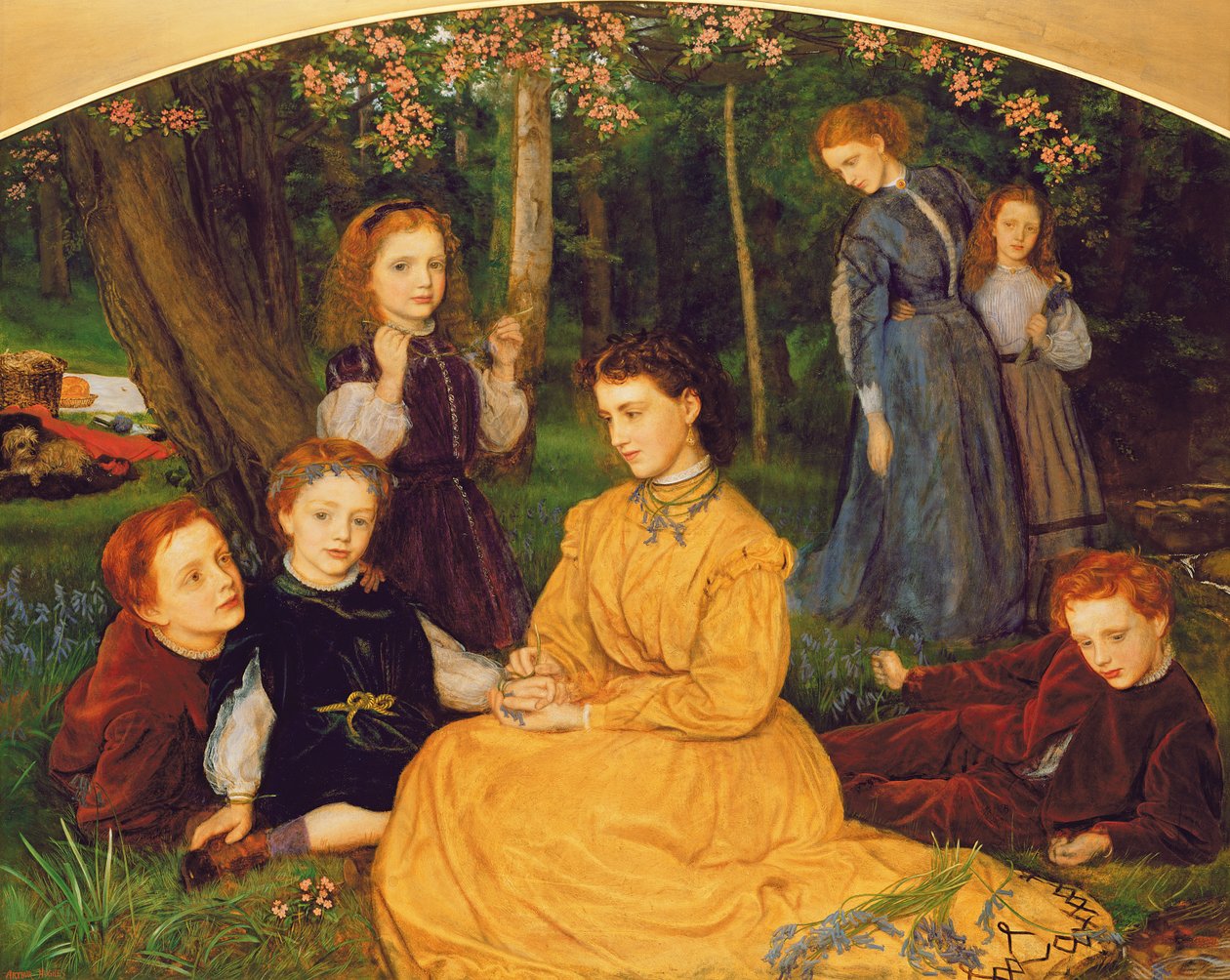 En födelsedagspicknick - Porträtt av barnen i W.W. Pattinson, Esq. av Felling, nära Gateshead, 1866-67 av Arthur Hughes