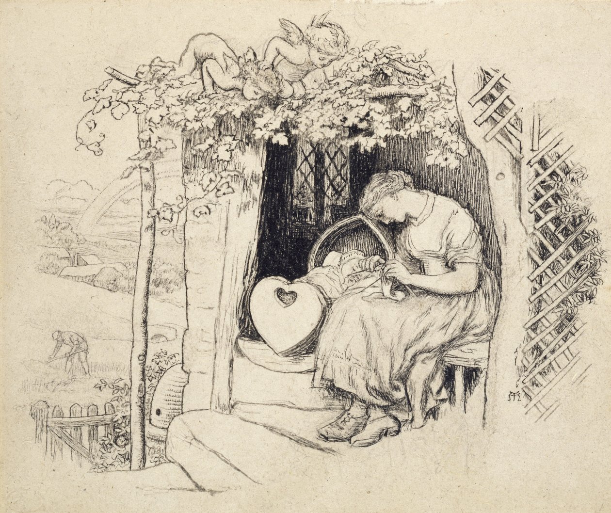 By the Cradle (penna och bläck över grafit) av Arthur Hughes