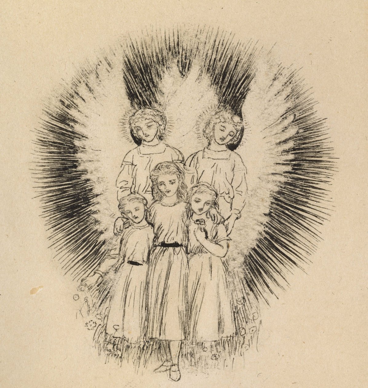 Tre små barn på den vida, vida jorden (penna och svart bläck på oblekt papper) av Arthur Hughes