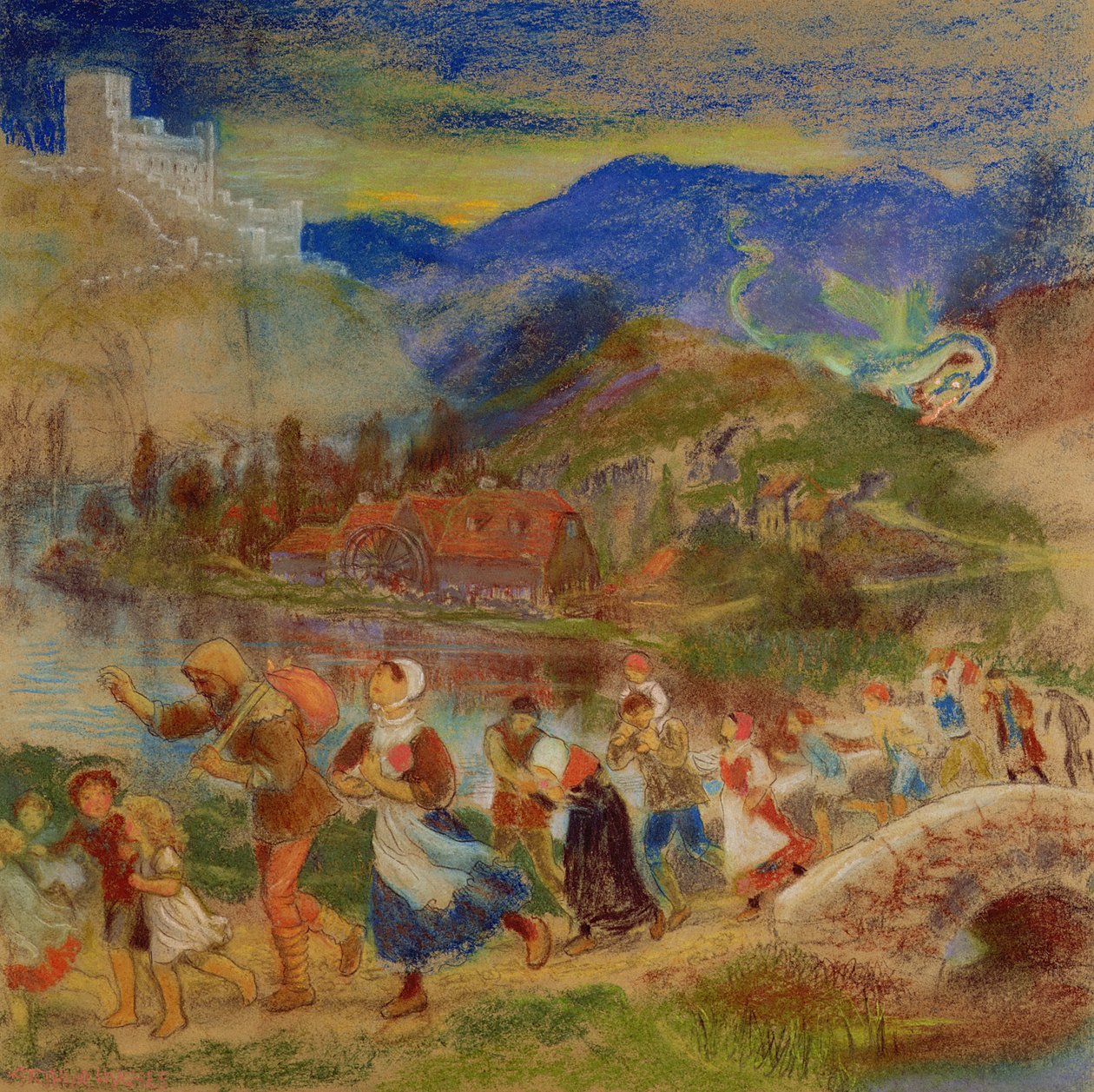 Bybor som flyr från en drake av Arthur Hughes