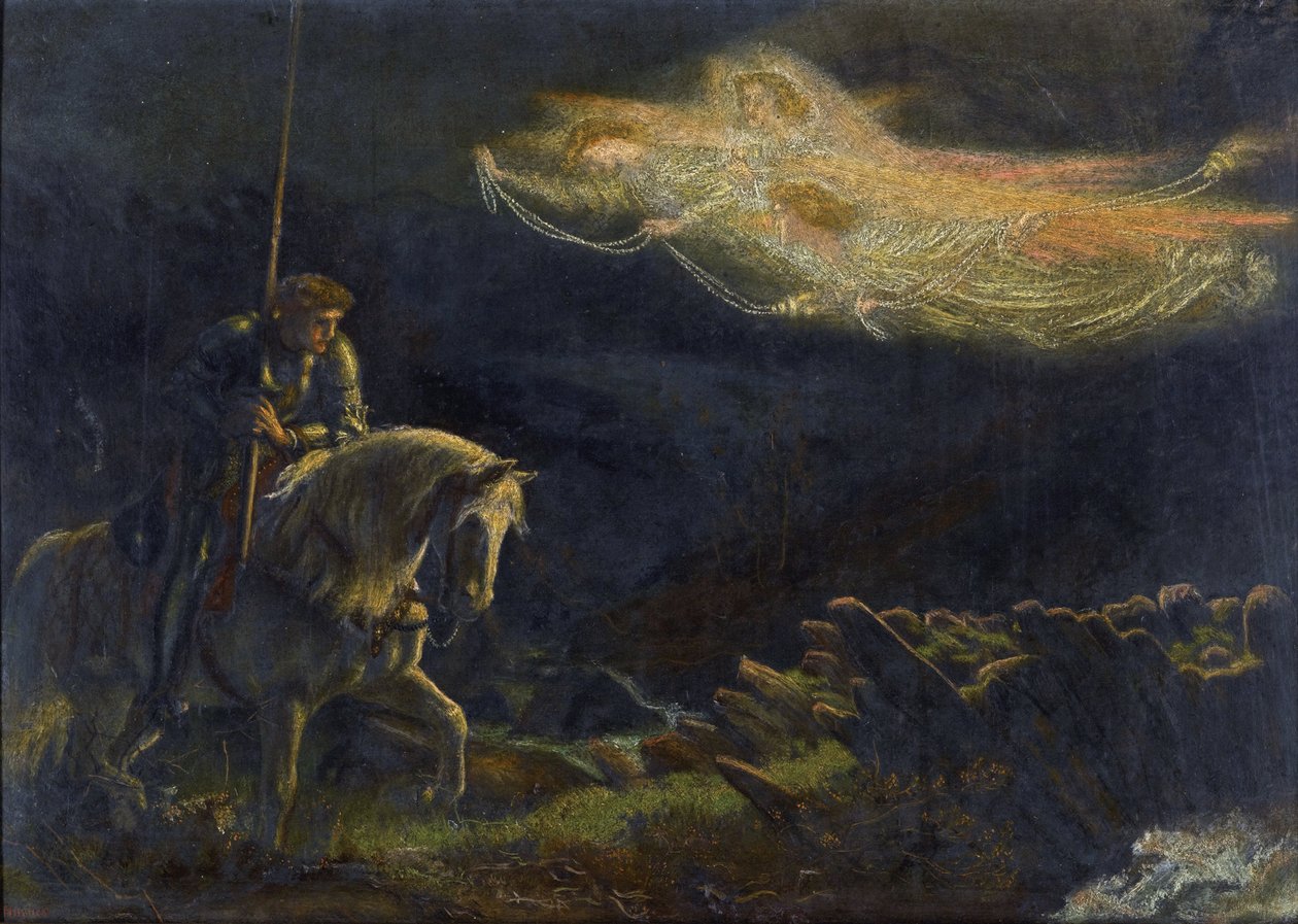 Sir Galahad. La Quete du Saint Graal Sir Galahad. The Quest for the Holy Grail av Arthur Hughes (1832-1915) - Olja på trä, 30,5x43 - Privat samling av Arthur Hugues