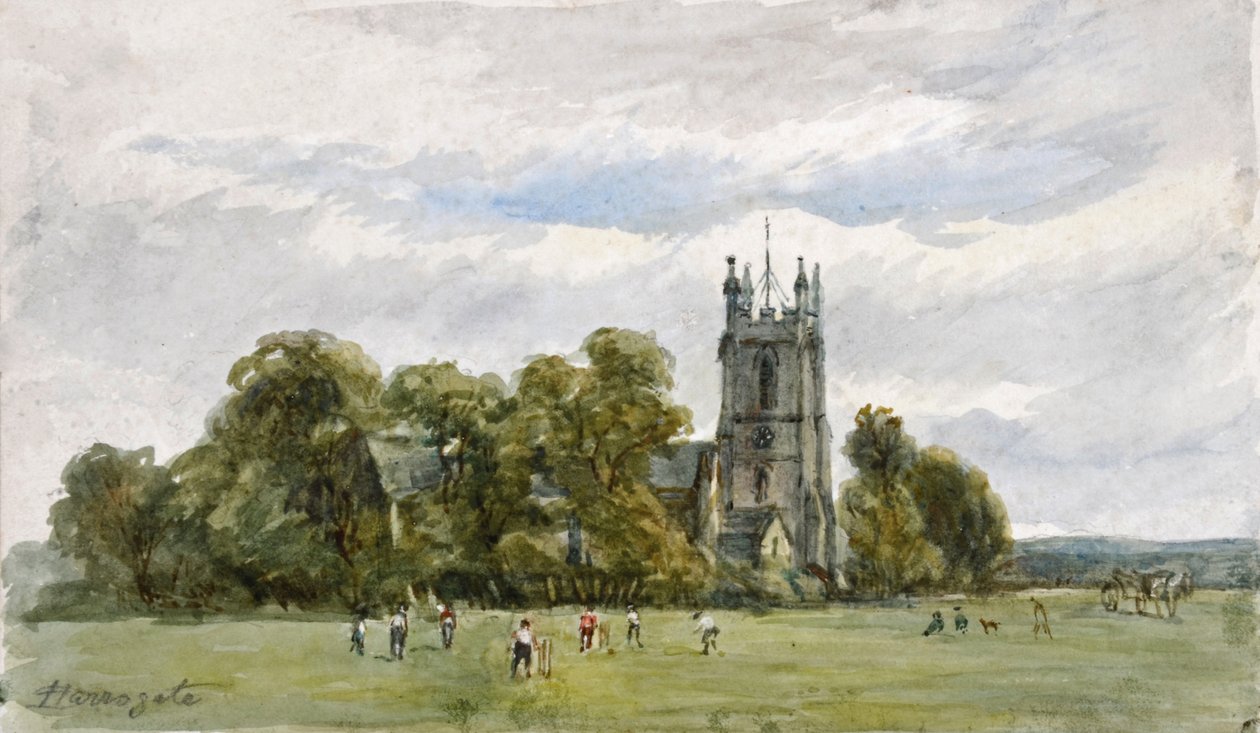 Cricket på Stray, framför Christ Church, High Harrogate (akvarell) av Arthur J. Stark