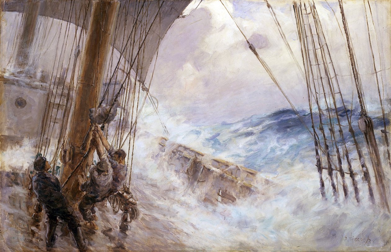 Manövrering för att ta ner seglet från stormasten i stormen. Olja på duk av Arthur John Briscoe