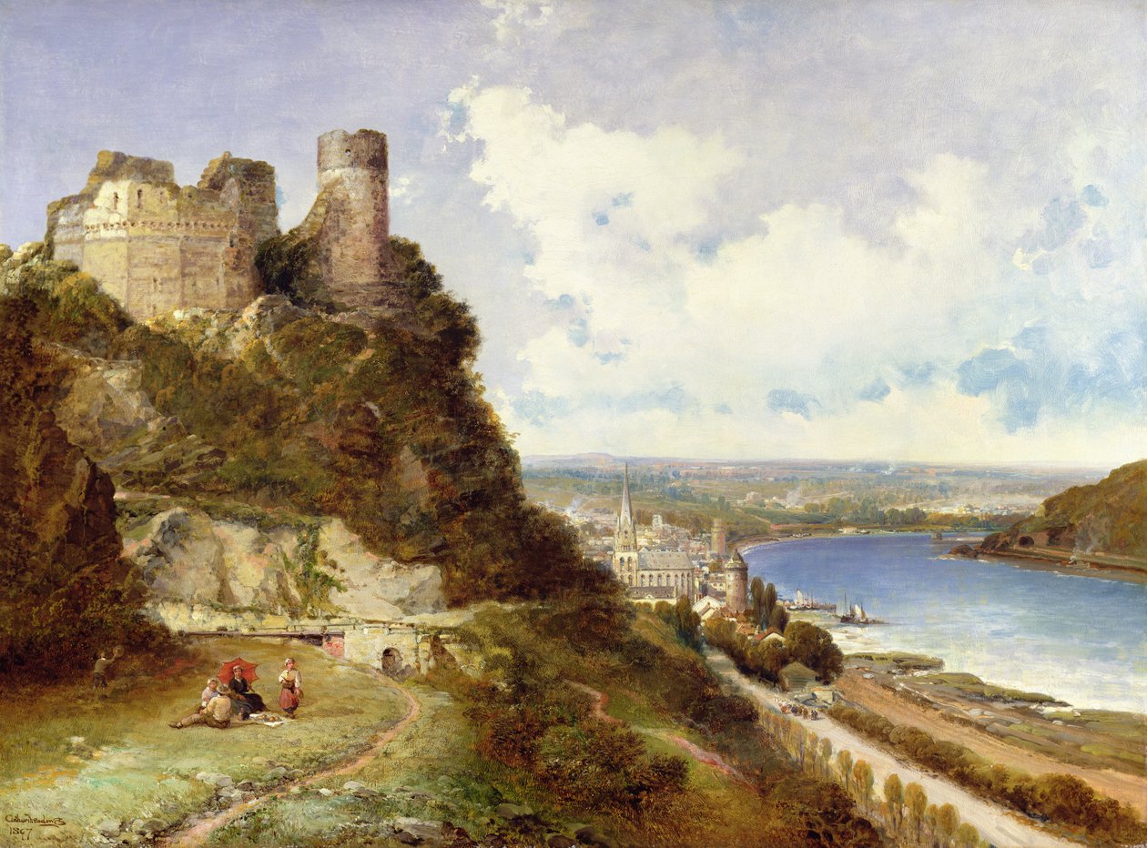 Oberwesel slott och Schonberg Rhen, Tyskland av Arthur Joseph Meadows