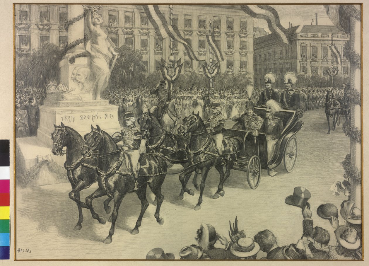 Kejsar Wilhelm II och kejsar Franz Joseph I flyttar till Budapest 1897 av Arthur Lajos Halmi
