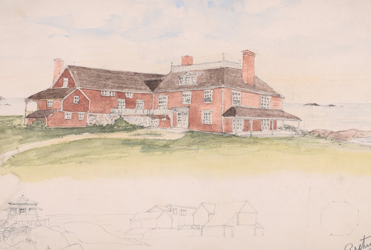 Trähus nära vattnet kanske en tidig idé för Cliffs, Manchester, Mass..., ca. 1879. av Arthur Little