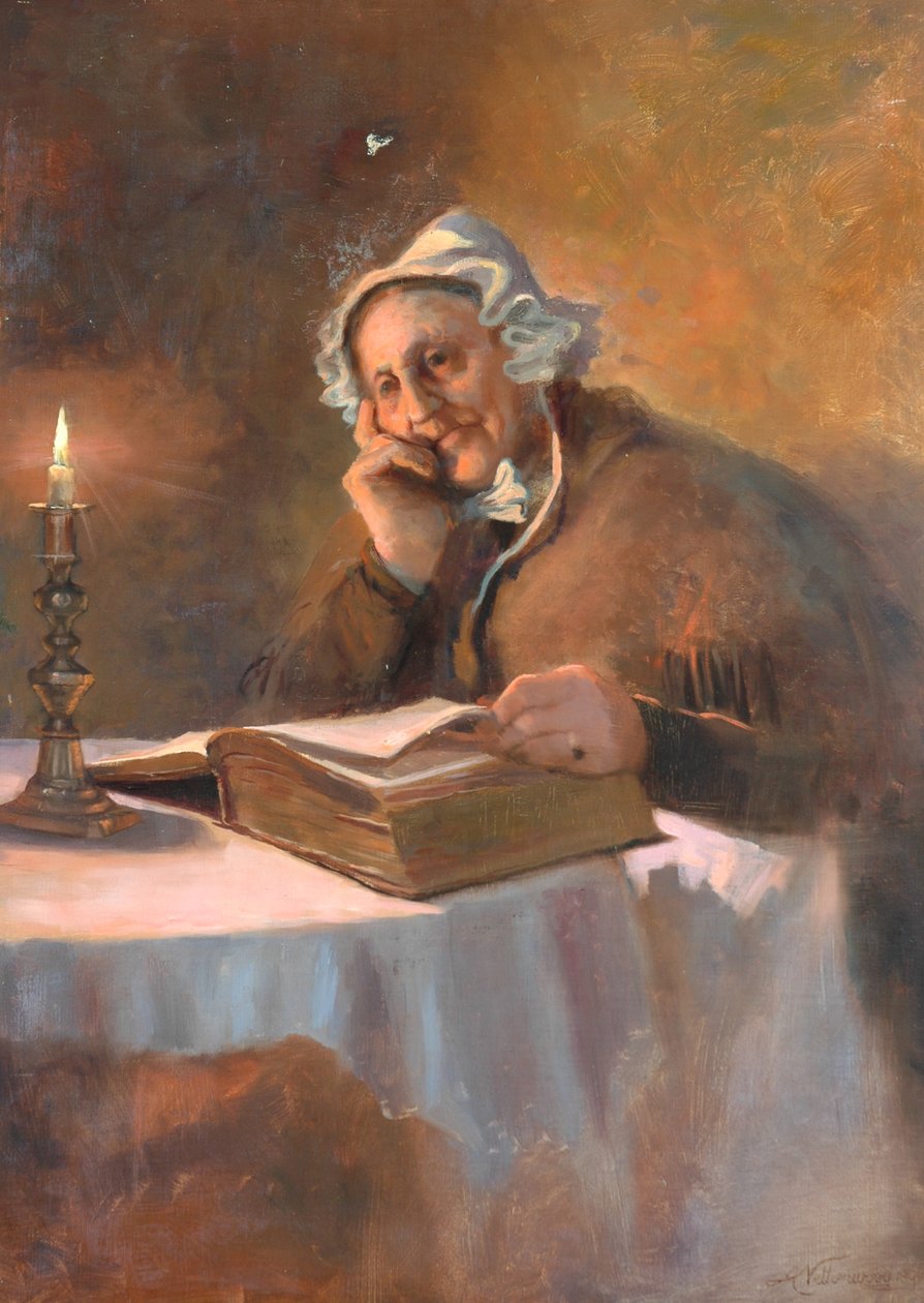 Porträtt av en gammal kvinna som läser Bibeln i levande ljus, 1896 av Arthur Netherwood