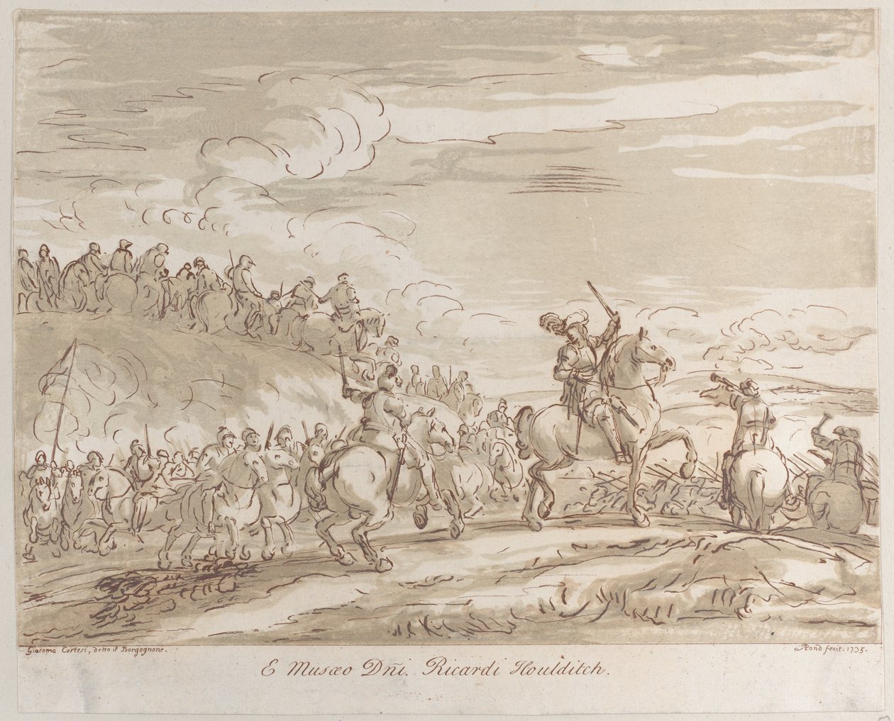 Kavalleri avancerar till anfall, med en central figur på hästryggen som höjer ett svärd, 1735., 1735. av Arthur Pond